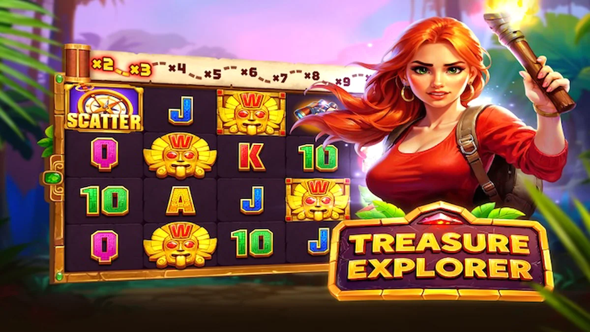Interface do jogo de slot Treasure Explorer com tema de selva e exploradora