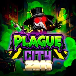Interface visual e design temático do slot Plague City com estética de terror neon.