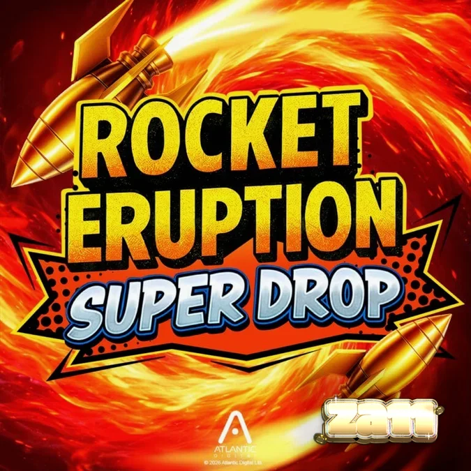 Interface de jogo do slot Rocket Eruption Super Drop com tema vulcânico